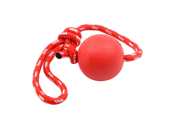 Heavy Duty Dog Toy Rubber Ball w/ Rope Throw Tug Pull Tough Chew Strong in Red