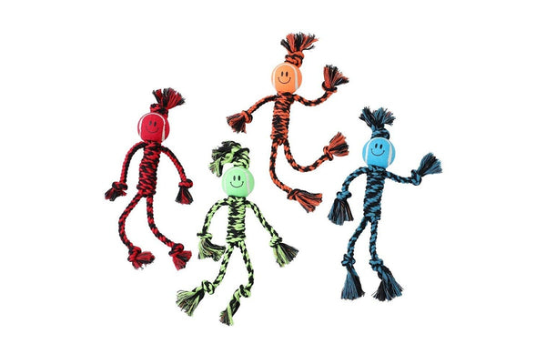 3x Paw & Claws 40cm Woven Rope Man Tug w Tennis Ball Pet Dog Play Toy Assorted