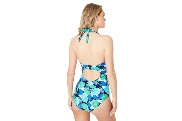 Gorgeous Womens/Ladies Bold Blooms Tummy Control One Piece Swimsuit (Blue/Green) (32FF)