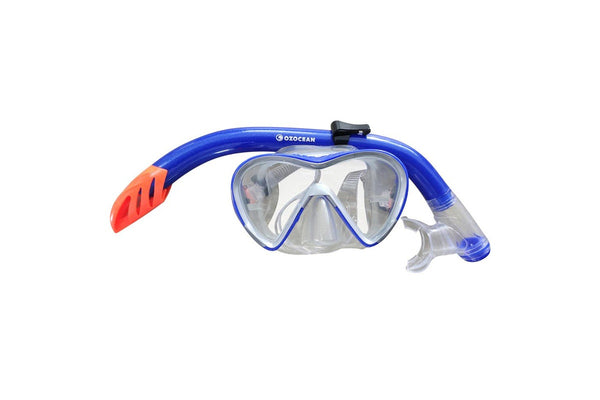 2pc Oz Ocean Mettams Adjustable Adults Swimming Mask Goggles & Snorkel Set Blue