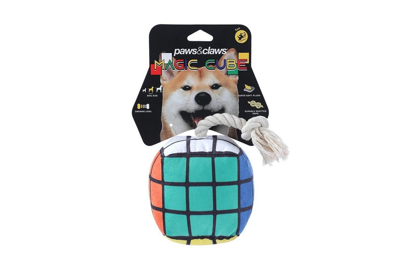 2x Pawsnclaws 11cm Magic Cube Soft Plush Pet Dog Squeaker Chew Toy w Rope Small