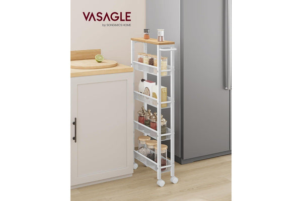 VASAGLE 5-Tier Slim Storage Rolling Cart - White