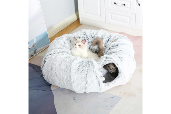 Plush Cat Tunnel with Cat Bed Pet Cat Tunnel Toys Gray