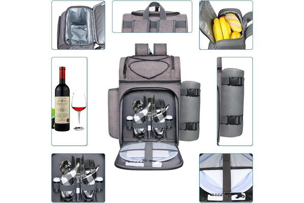 2 Person Picnic Backpack with Wine Holder, Fleece Blanket, Cutlery Set for Beach, Day Travel, Hiking, Camping, BBQs