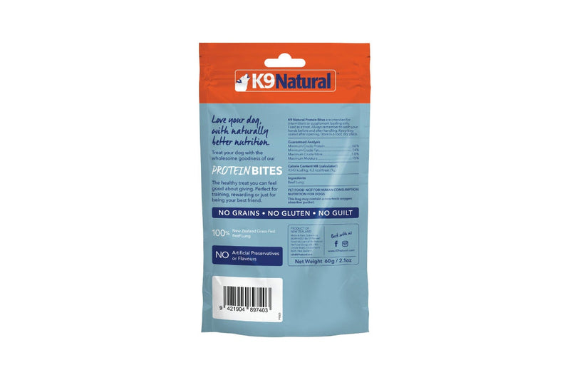 K9 Natural: Air-Dried Dog Treat Protein Bites, Beef Lung 60g