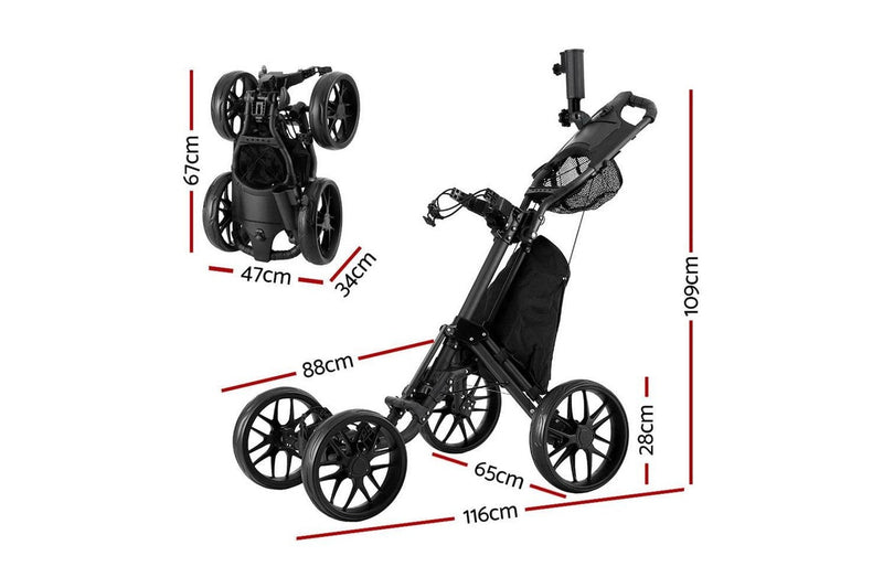 Golf Buggy Foldable Trolley Golf Cart Wheels Umbrella Bottle Holder