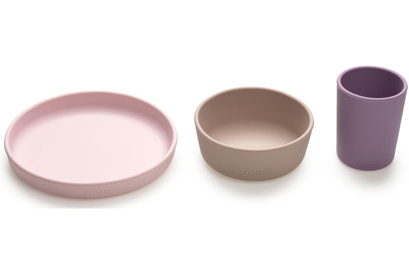 Melii: 3 Piece Silicone Feeding Set - Pink + Purple + Grey