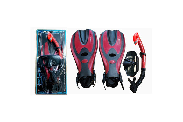 4pc Oz Ocean Abrolhos Outdoor Swimming Goggles Mask Snorkel Fin Set L-XL Red BLK