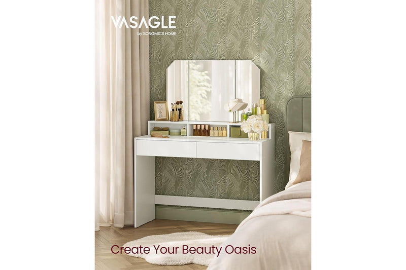 VASAGLE Dressing Table with Tri-Fold Mirror - White