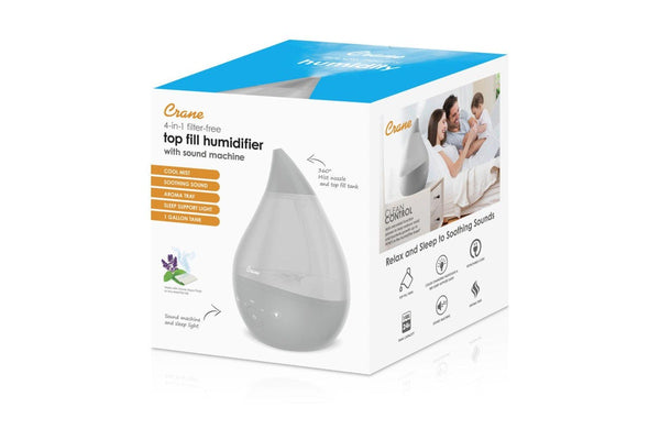 Crane: 4 in 1 Top Fill Drop Humidifier with Sound Machine - Grey