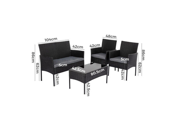 4 Seater Wicker Outdoor Lounge Set &#8211; Black - One Size