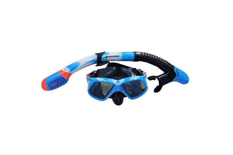 2pc Oz Ocean Heron Adults Swimming Beach Goggles Mask & Snorkel Set Blue Black