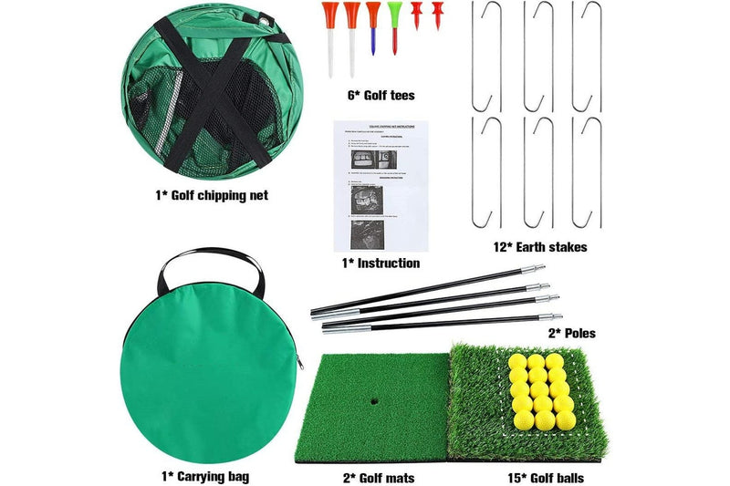 Golf Practice Net Hitting Net Golf Chipping Net Kit - Net + Balls + Mats