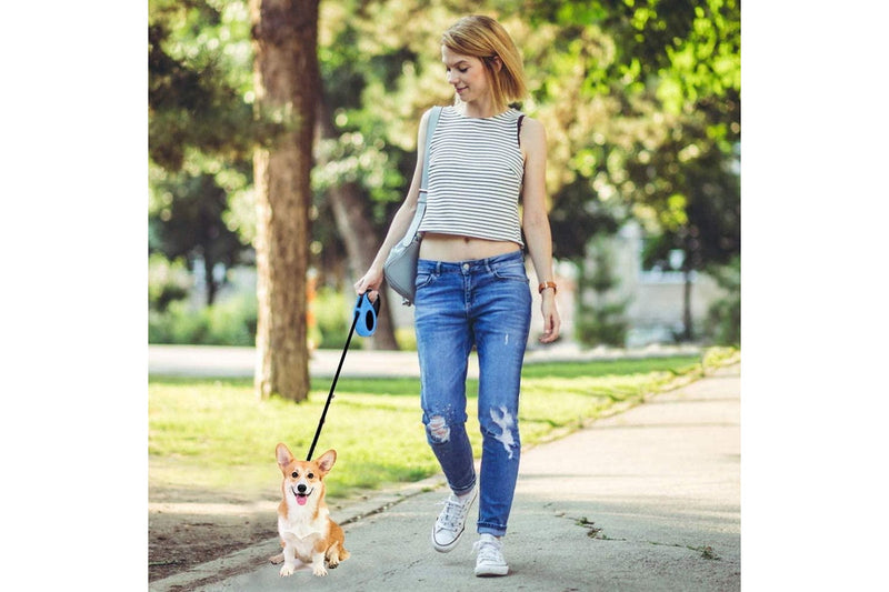Retractable Dog Leash Extendable 5m With Folding Bowl Dispenser And Waste Bags Blue