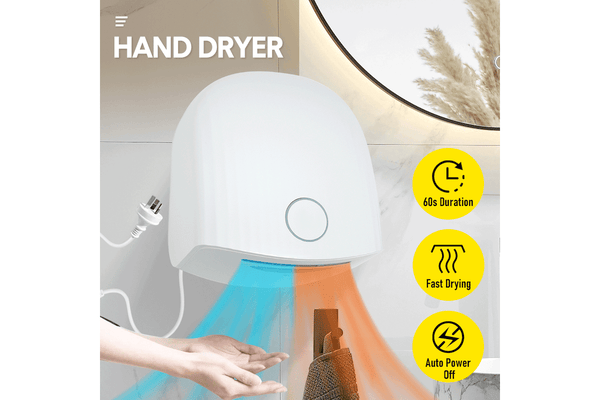 1200W 220V Electric Powerful Wall Mounted Automatic Hand Dryer IPX4 Waterproof Noise-Reducing Vent Quick Drying White Fit for Household Commercial Hotel