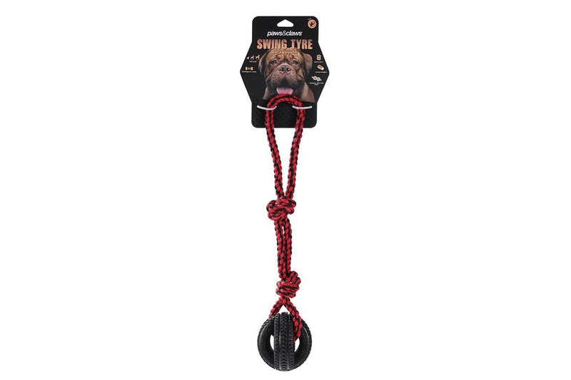 2x Paws & Claws Pet Dog 4-Way TPR 50cm Tyre Knotted Rope Tugger Toy Black Red