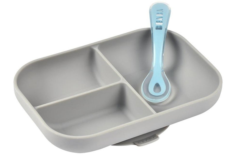 Beaba: Silicone Suction Divided Plate & Spoon - Grey