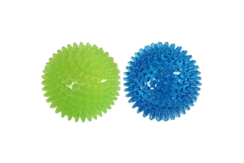 Set of 2 Pcs Pet Dog Squeaky Toys Spiky Dog Balls Cleaning Teeth Chewing Toys -Blue and Green