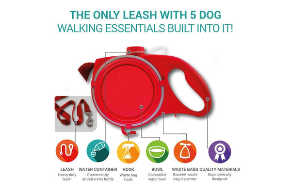 Multi Functional Dog Leash With Built In Water Bottle Bowl Waste Bag Dispenser - Red