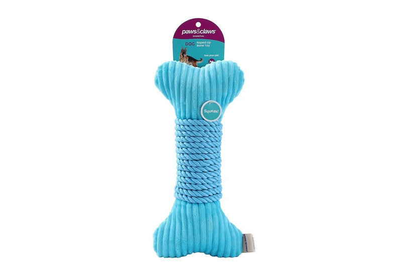 2x Paws & Claws 30x14cm Roped-Up Plush Bone Squeaker Pet Dog Fun Play Toy Aqua