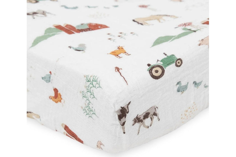 Little Unicorn: Muslin Fitted Cot Sheet - Farmyard