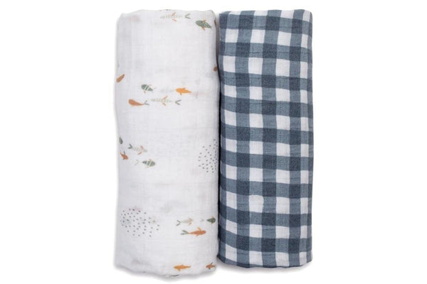 Lulujo: Cotton Swaddles - Fish & Navy Gingham (2 Pack)