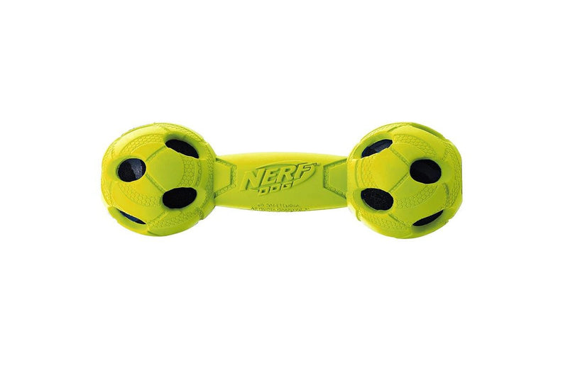 Nerf Dog Pet Indoor Outdoor Medium Rubber Tire Barbell Squeaker Chew Toy Green