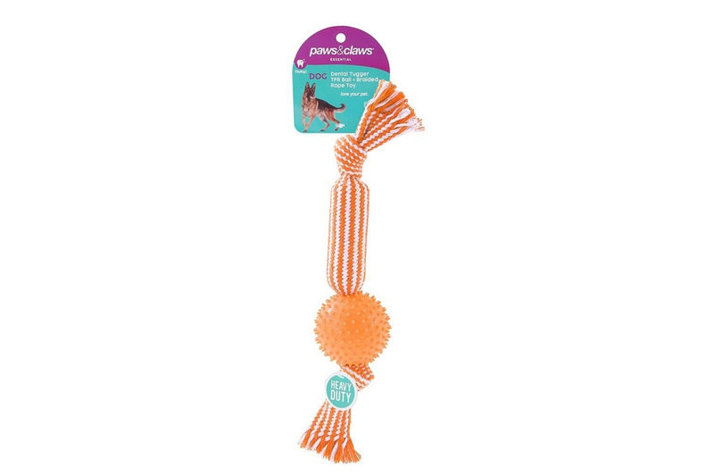 3x Paws & Claws 37cm Dental Tugger Dog Pet Toy TPR Ball + Braided Rope Assorted