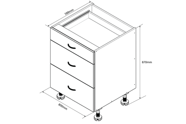 Base Cabinet 3 Drawer 800mm White