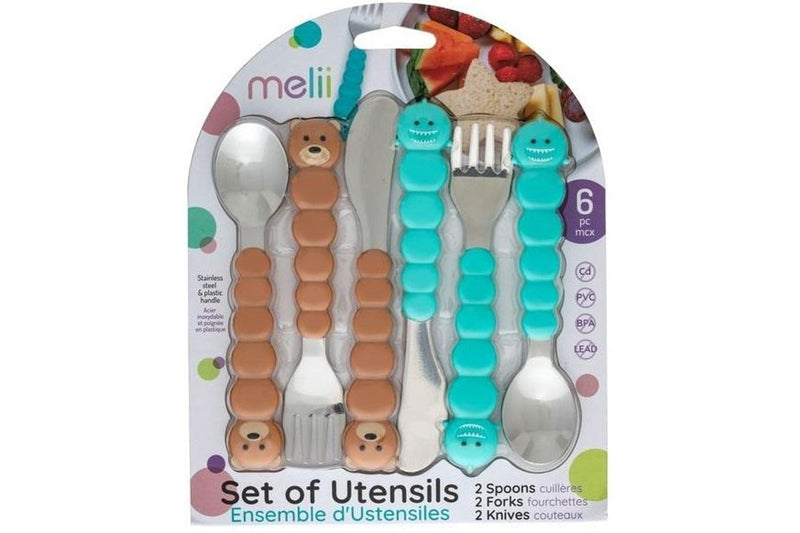 Melii: Cat & Bulldog Utensil Set - Brown + Blue (6pc Set)