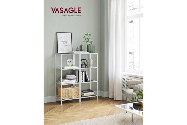 VASAGLE 4-Tier Bookshelf with Tempered Glass - Pearl White and Slate Gray