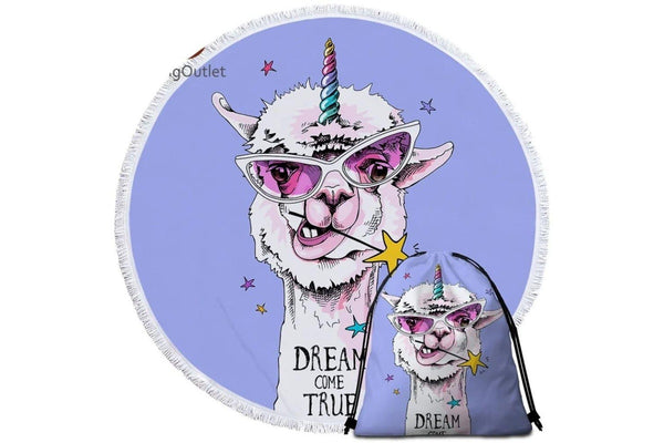 Funny Llama Unicorn Horn Microfiber Round Beach Towel