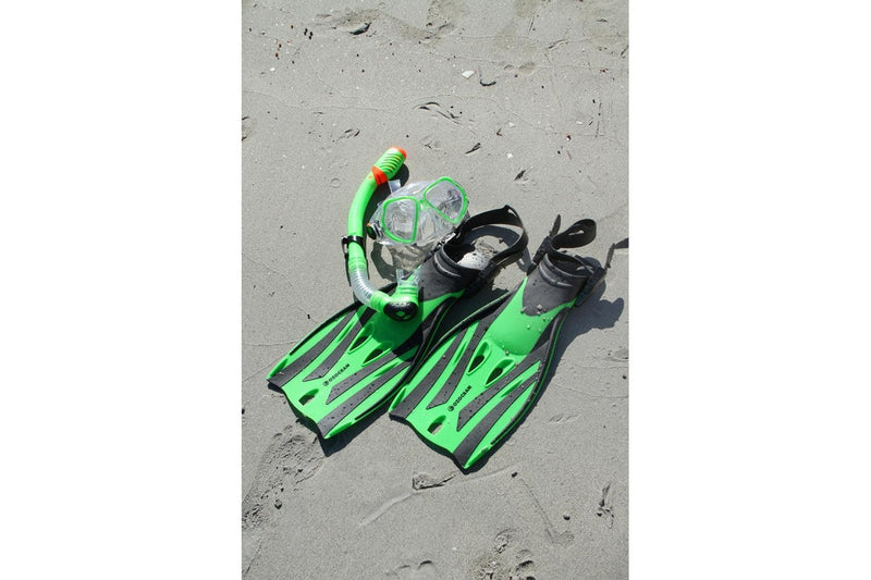 4pc Oz Ocean Tangal Ooma Kids Mask Swimming Beach Snorkel & Fin Set S-M Green