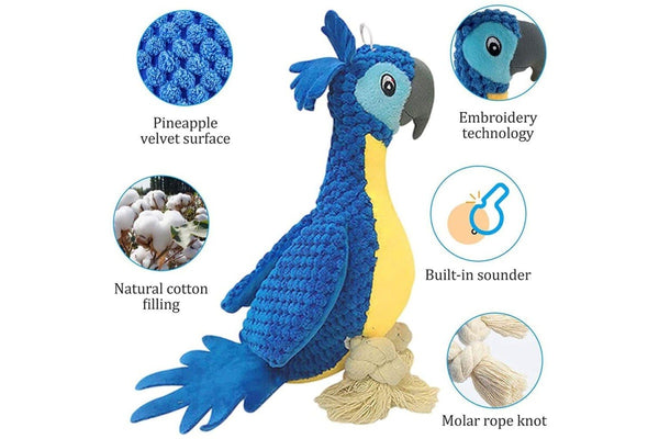 Durable Squeaky Teeth Cleaning Stuffed Embroidery Parrot Dog Toy