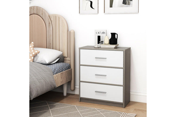 Fraser Country: Lada Home 3 Drawer Nightstand - Grey & White With Silver Handle