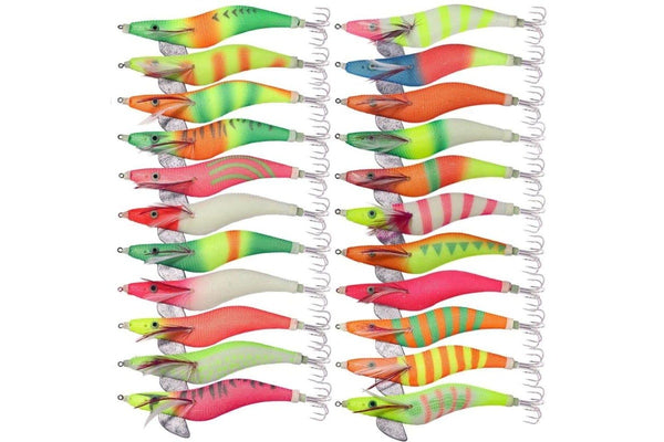22 Colour Luminous Wooden Shrimp Squid Hook Bait Set 15cm 28g