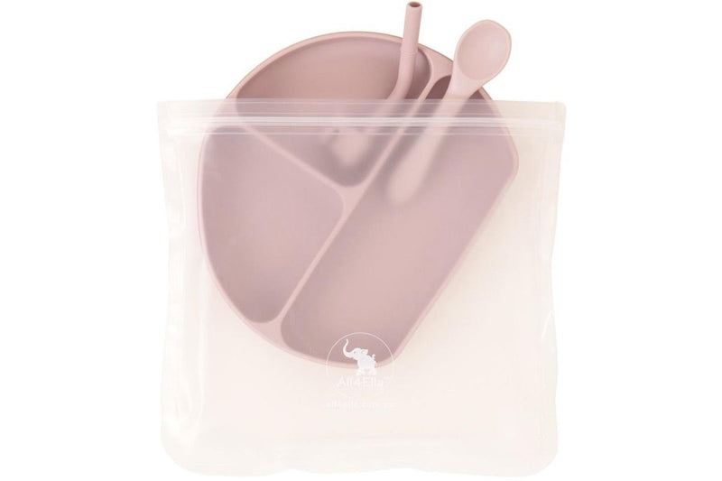 All4Ella: Silicone Plate with Straw & Spoon - Dusty Pink