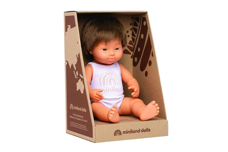 Miniland Baby Doll Caucasian Boy w Down Syndrome 38cm Kids Pretend Play Toy 10m+