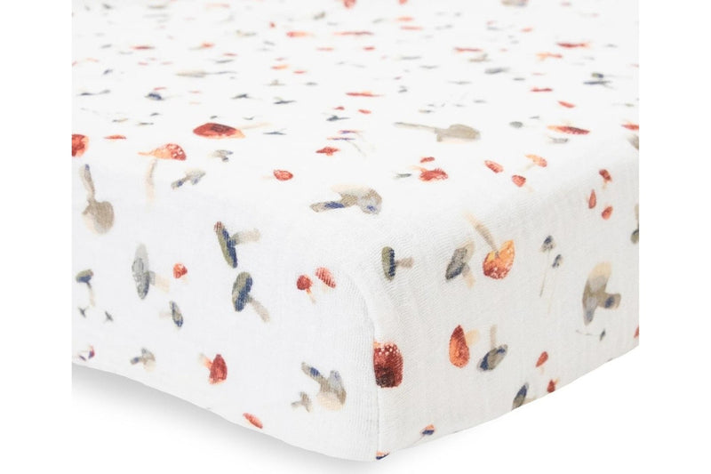 Little Unicorn: Muslin Fitted Cot Sheet - Mushrooms