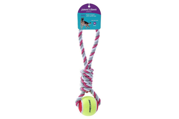 2x Paws & Claws Pet Dog 34cm Rope Tugger Tennis Ball Interactive Play Toy Assort