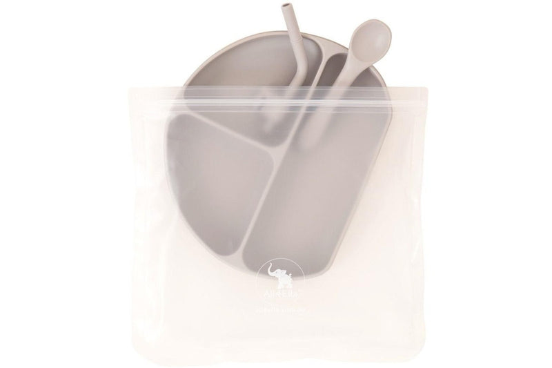 All4Ella: Silicone Plate with Straw & Spoon - Stone