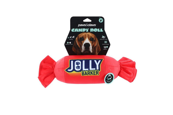 3x Paws & Claws 28cm Candy Roll Oxford Jolly Barker Interactive Dog Pet Toy Red