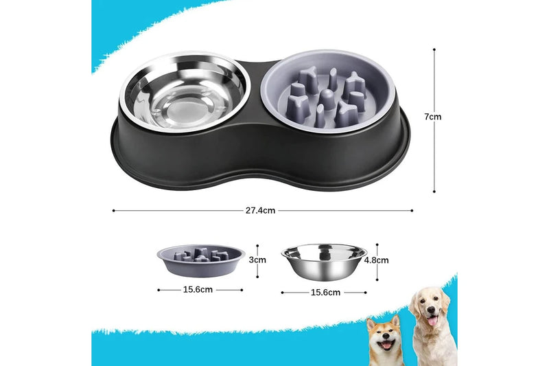 PETSWOL Dog Water and Food Bowls with Slow Feeder - Black