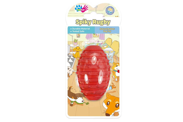 2x Paw Play 9.5cm Rubber Spiky Rugby Ball Pet Dog Cat Chew Play Toy Small Red