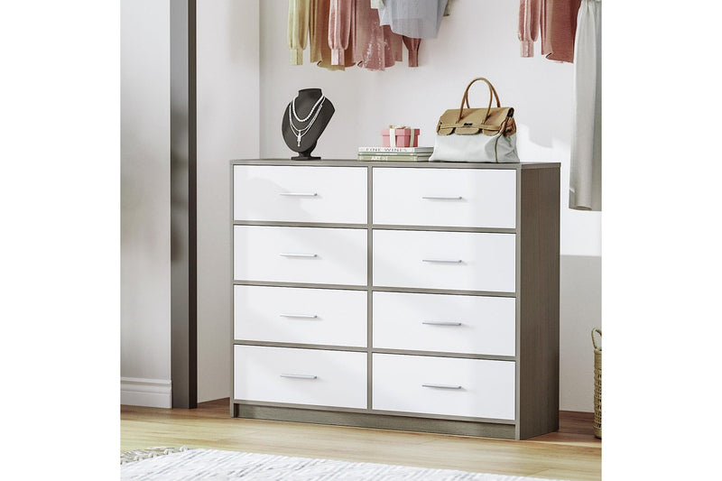 Fraser Country: Lada Home 8 Drawer Storage Dresser - Grey & White With Silver Handle