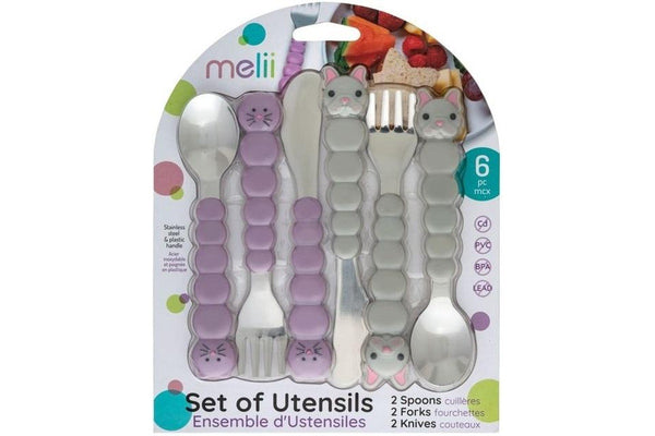 Melii: Cat & Bulldog Utensil Set - Purple + Grey (6pc Set)