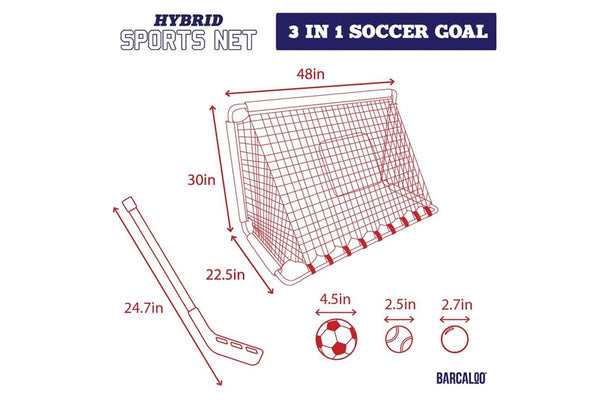 Barcaloo Hybrid Portable Kids Toy Soccer Goal Set w Hockey Sticks Balls 3y+