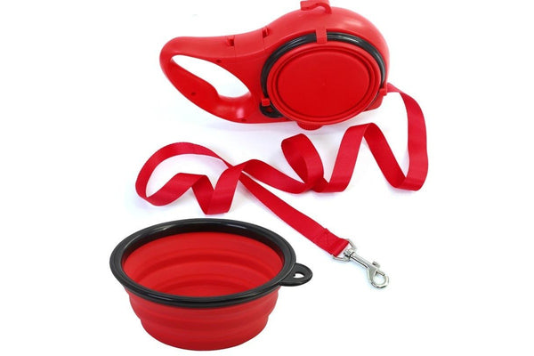 PETSWOL 3-in-1 Dog Leash with Water Bottle & Foldable Bowl - Red