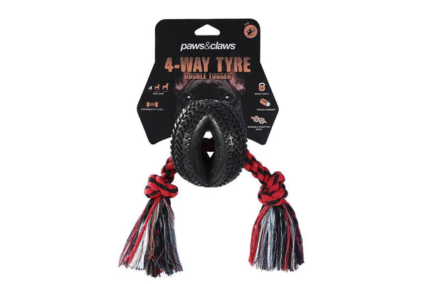 3x Paws & Claws Pet Dog 4-Way TPR Tyre 40cm Double Tugger Rope Chew Toy Fun Play