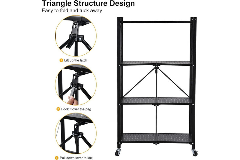 4 Tier Foldable Metal Rack Storage Shelving Unit with Wheels